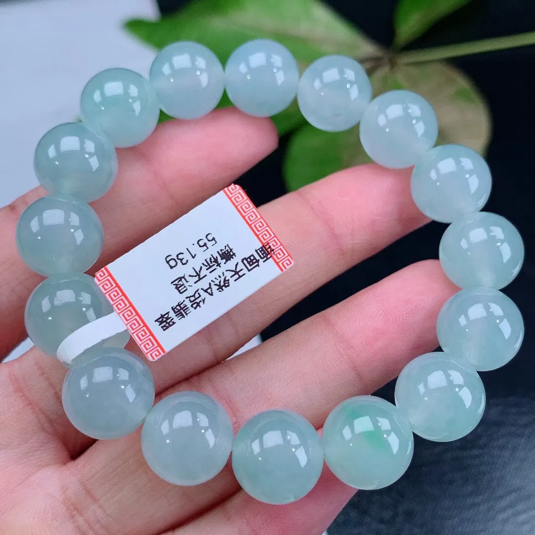 缅甸天然翡翠A货 老坑料起胶冰种 飘绿圆珠手串 手链 
尺寸12.4mm   y 55.13