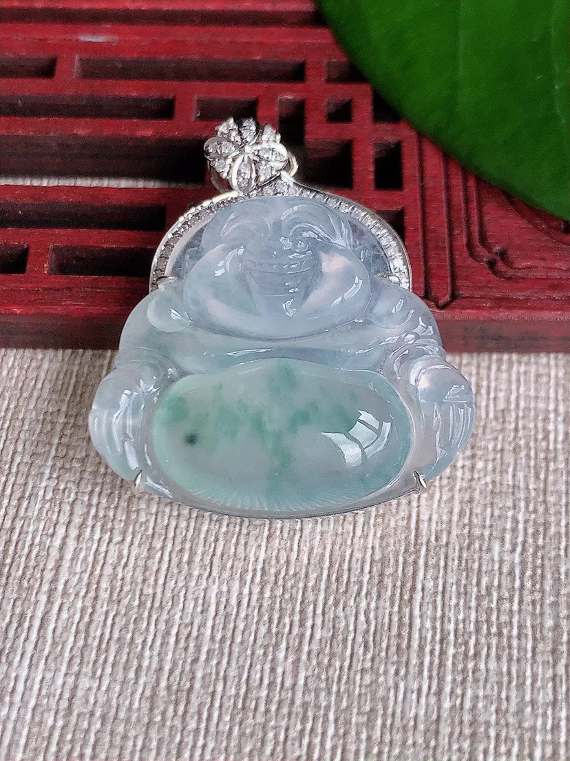 a货翡翠老坑冰种18K金伴钻镶嵌飘花佛公吊坠 尺寸36×26×30.3×9.8mm 重量9.32g 