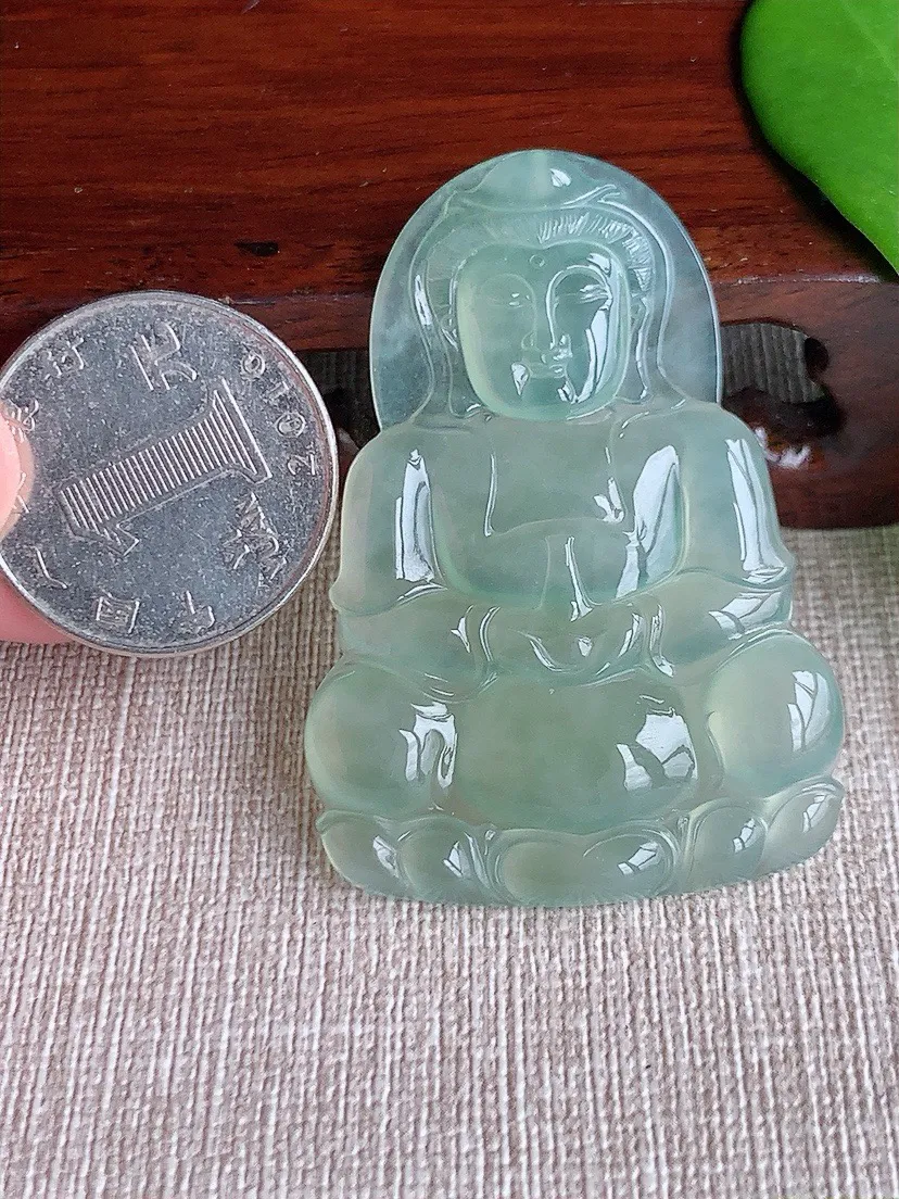 a货翡翠老坑冰种晴水正装观音吊坠 尺寸50.4×35.2×4.7mm 重量15.55g 0711