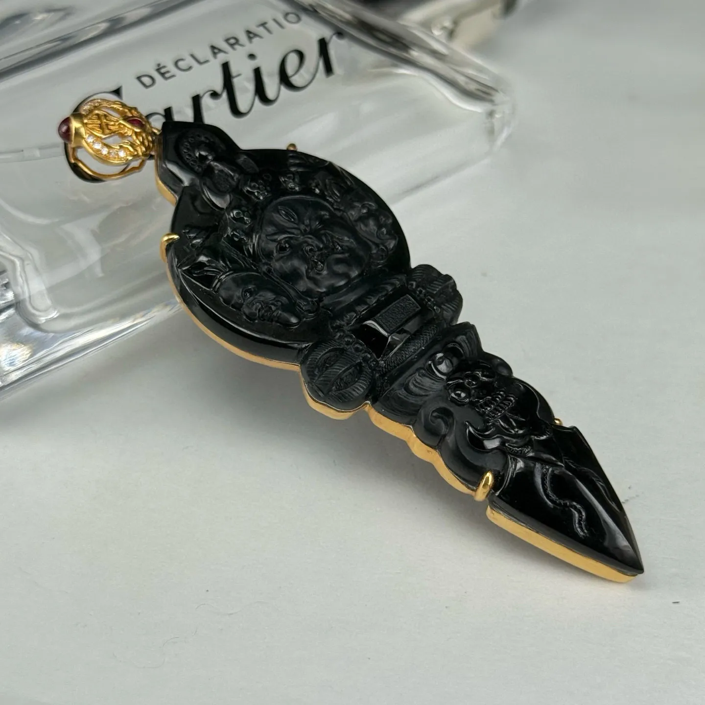 精品18k墨翠降魔杵 种好色正 黑度极好 打灯通透 油性十足 尺寸85