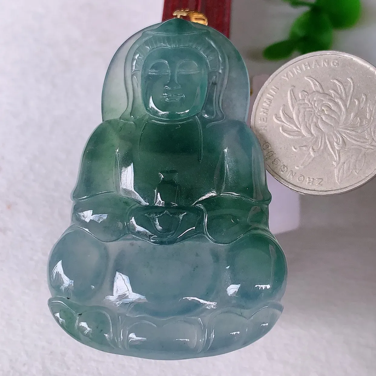18K金镶嵌冰种飘花观音吊坠，大件，赐福翡翠观音，观音面相端庄，品相佳，佩戴气质！#35.12整体67.5裸石60.8*38.8*5