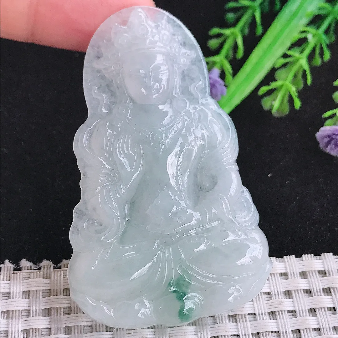 自然光65/41/6.3老坑冰润飘花渡母菩萨吊坠翡翠男女玉坠