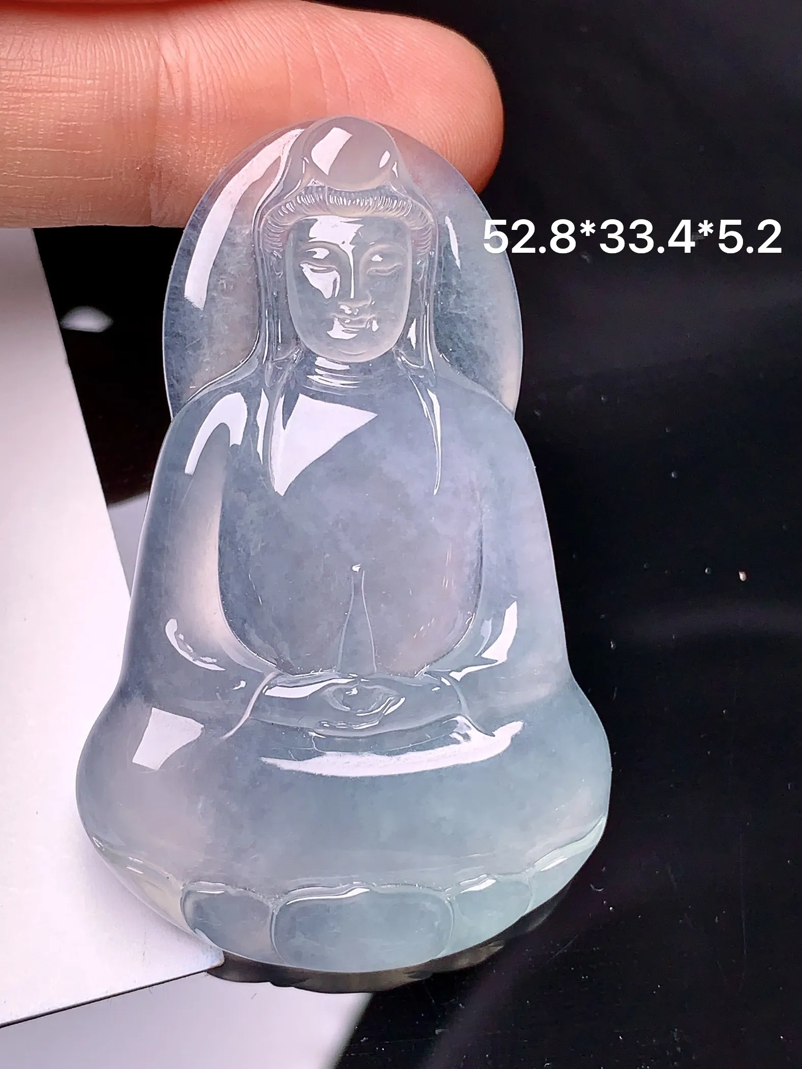 冰种素衣观音吊坠 玉质细腻 水润亮眼 整体尺寸52.8*33.4*5.2