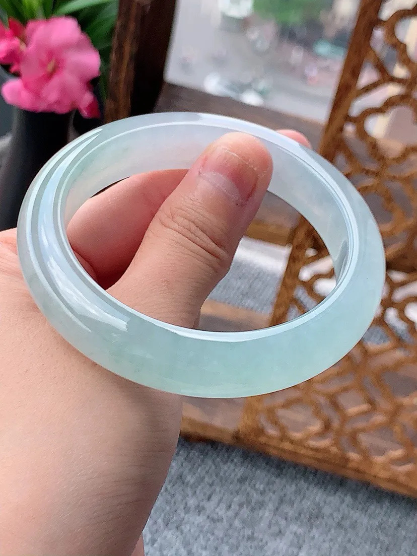 a货翡翠老坑晴水飘花正装正圈手镯56-57圈口 尺寸56.8×12.8×8.8mm 重量65.77g 0702