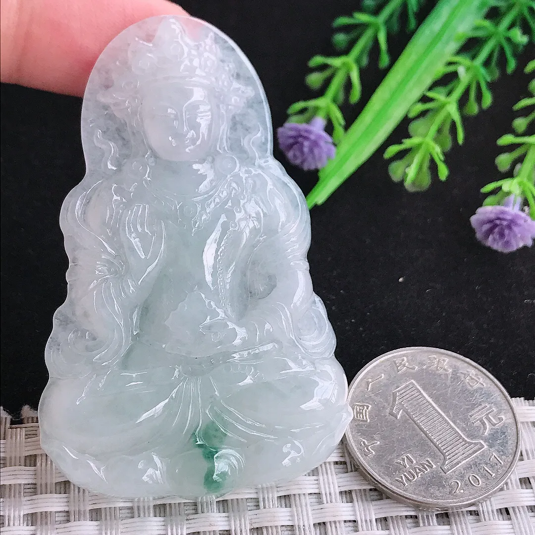 自然光65/41/6.3老坑冰润飘花渡母菩萨吊坠翡翠男女玉坠