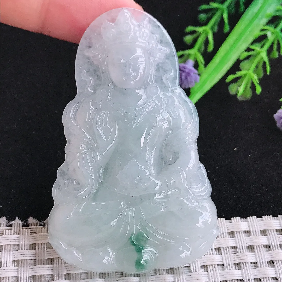 自然光65/41/6.3老坑冰润飘花渡母菩萨吊坠翡翠男女玉坠