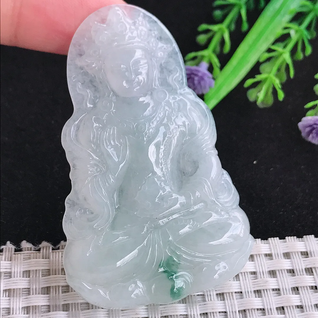 自然光65/41/6.3老坑冰润飘花渡母菩萨吊坠翡翠男女玉坠