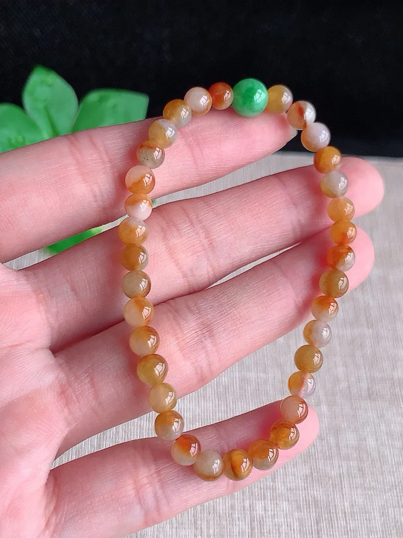 a货翡翠老坑冰润黄加绿双彩圆珠佛珠手串35颗 尺寸6.7×5mm 重量8.43g 0713