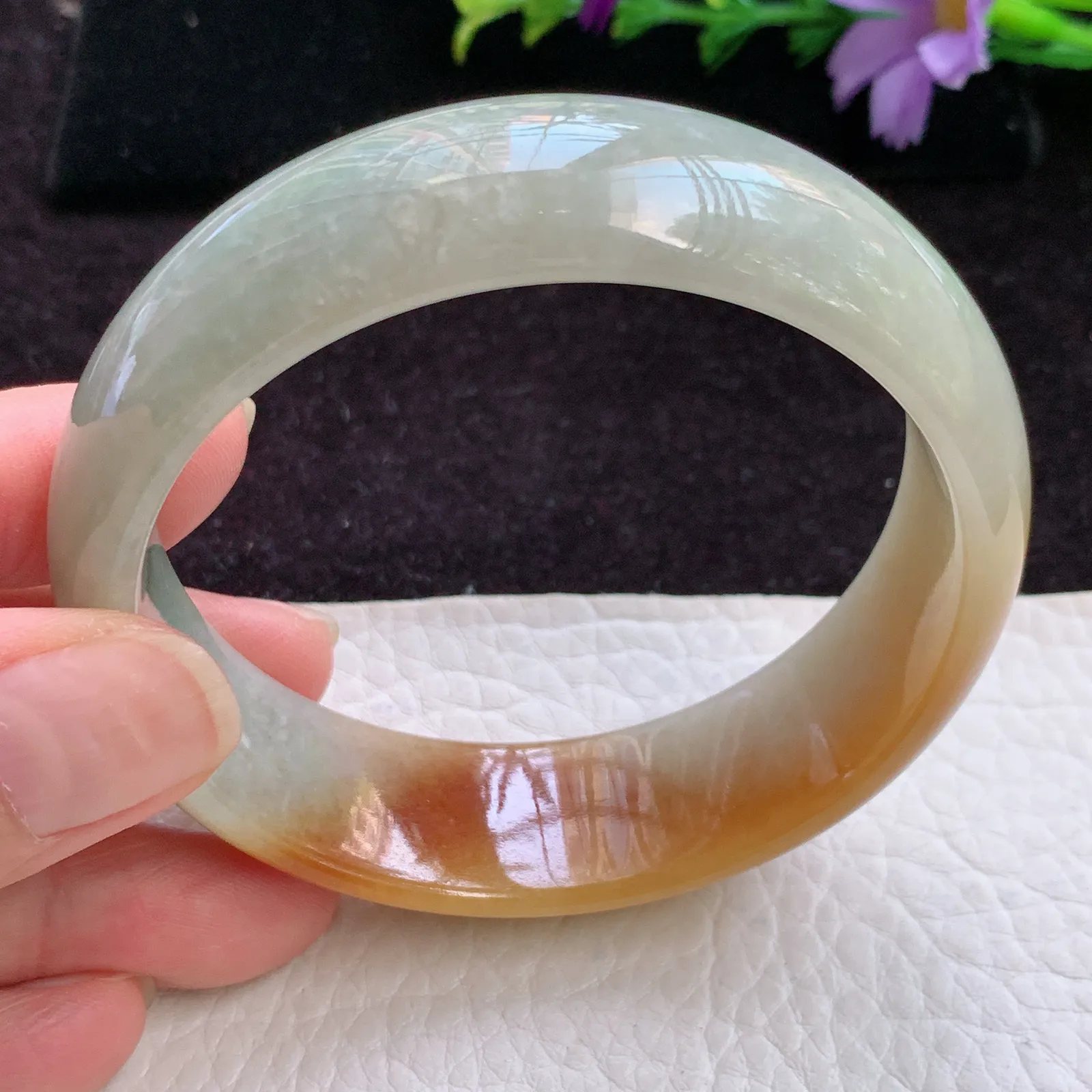 hh实拍58.5*18.2*7轮胎镯 老坑精美胶感半山水招财宽边翡翠玉手镯 玉手环