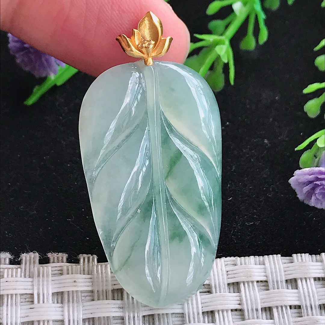 自然光34.2/20/3.7老坑18k金镶嵌冰胶飘花叶子吊坠翡翠玉坠