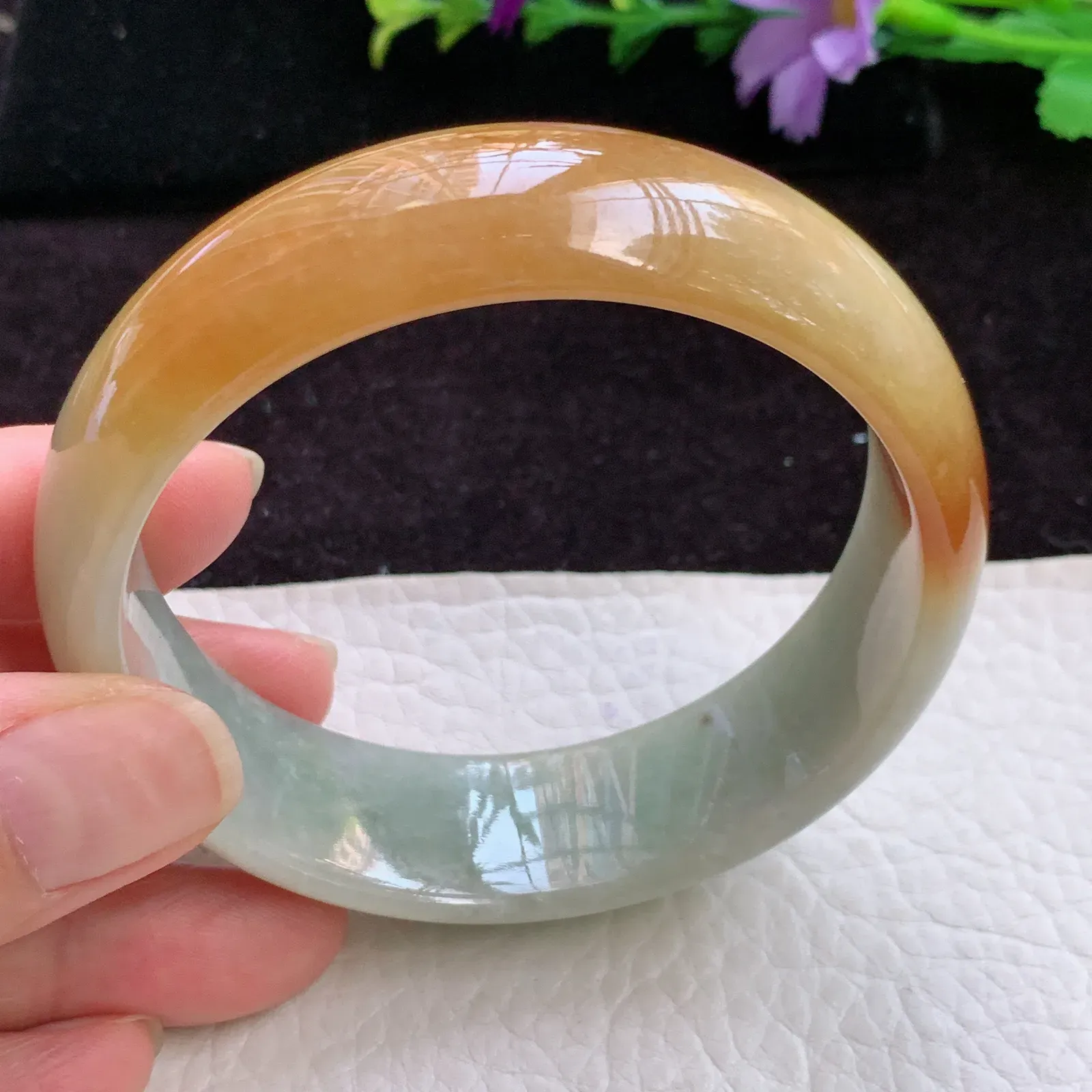 hh实拍58.5*18.2*7轮胎镯 老坑精美胶感半山水招财宽边翡翠玉手镯 玉手环
