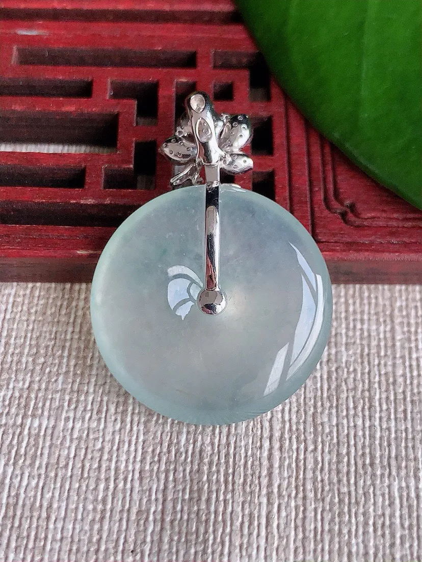 a货翡翠老坑冰种18K金伴钻镶嵌飘花平安扣吊坠 尺寸34.4×24.6×5.4mm 重量8.00g 