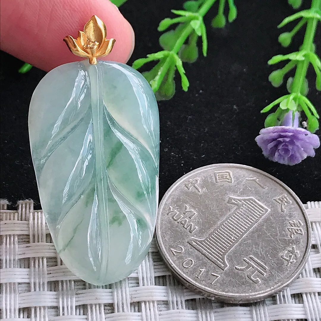 自然光34.2/20/3.7老坑18k金镶嵌冰胶飘花叶子吊坠翡翠玉坠
