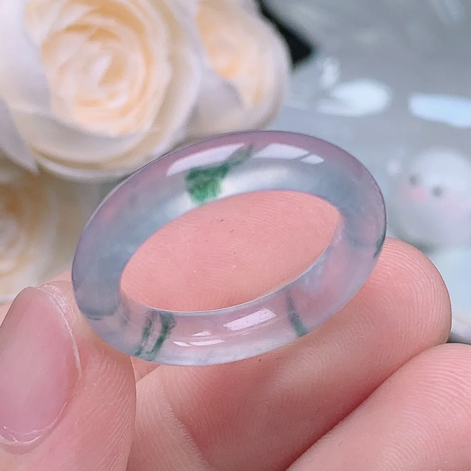 缅甸翡翠老坑高冰种水润起胶飘花戒指玉指环  水润通透 尺寸：19.3-5.1-4mm 20-21号圈口7S