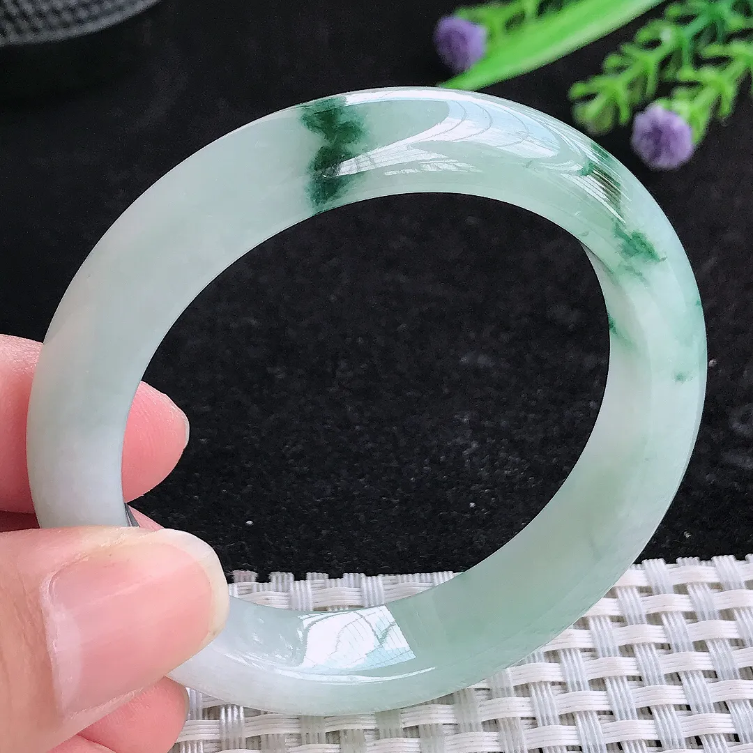 自然光51.5/12.1/8老坑冰胶水灵飘花小圈口手镯玉镯平安镯美人镯
