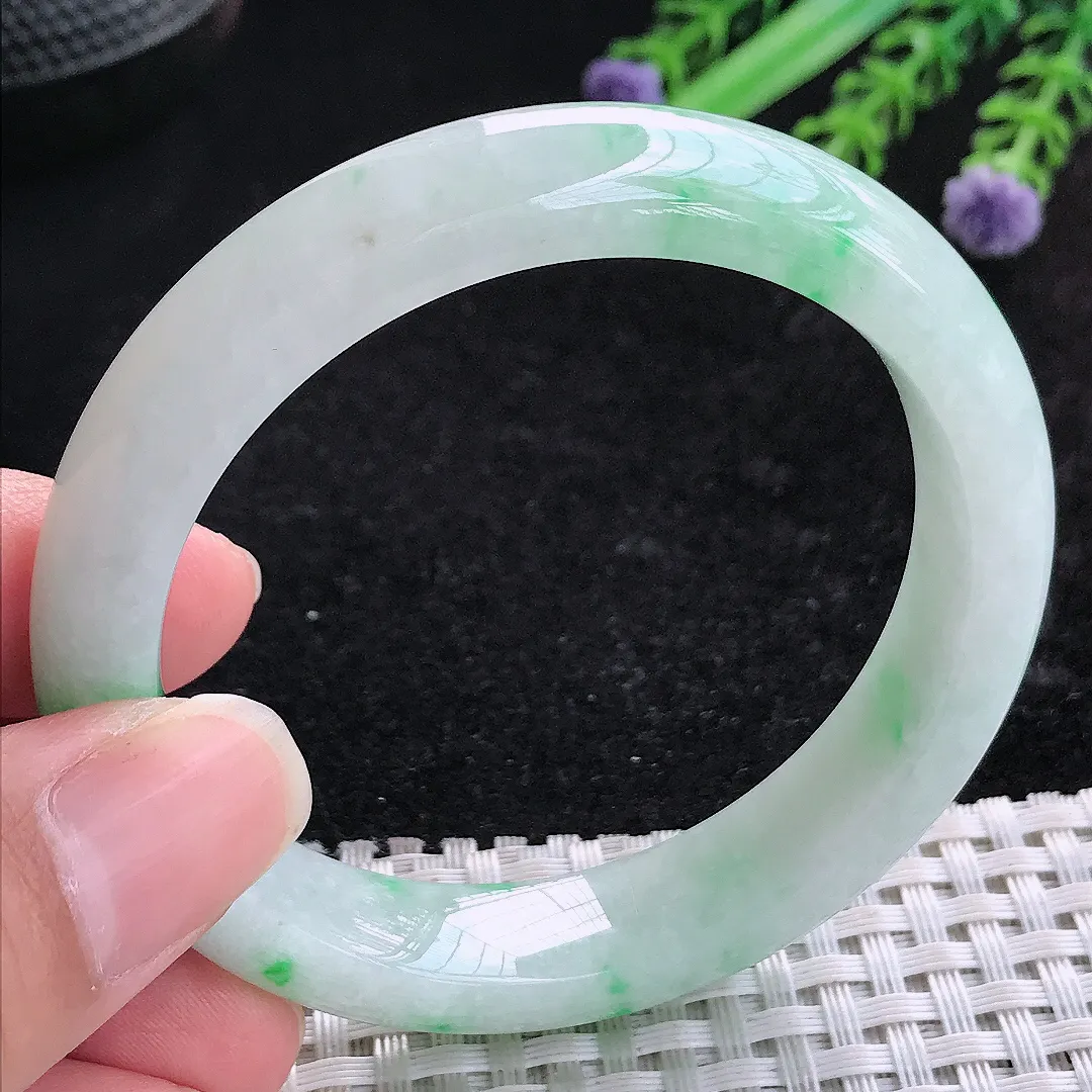 自然光53.5/11.6/8老坑精美冰润飘阳绿手镯玉镯平安镯美人镯