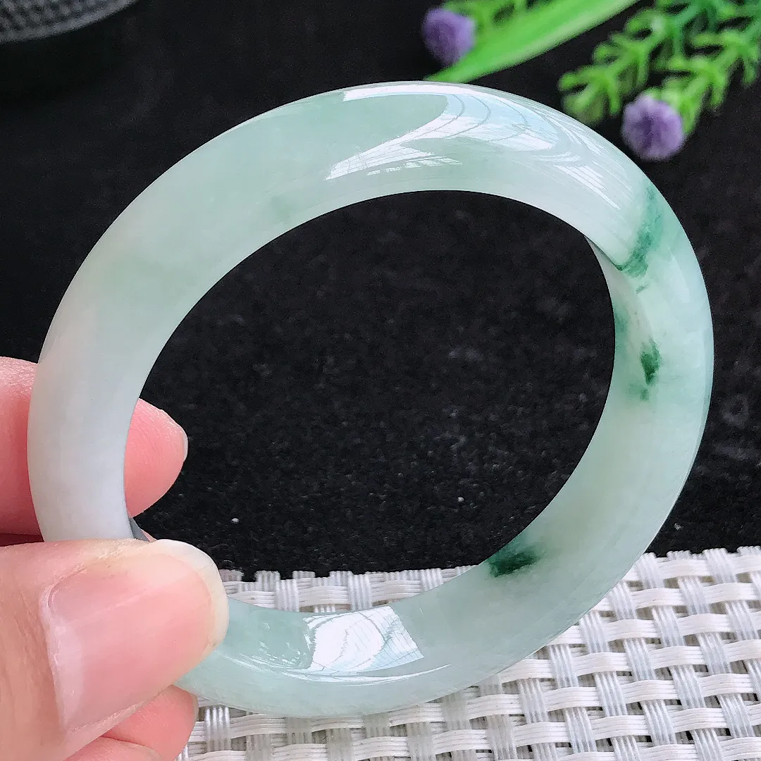 自然光51.5/12.1/8老坑冰胶水灵飘花小圈口手镯玉镯平安镯美人镯