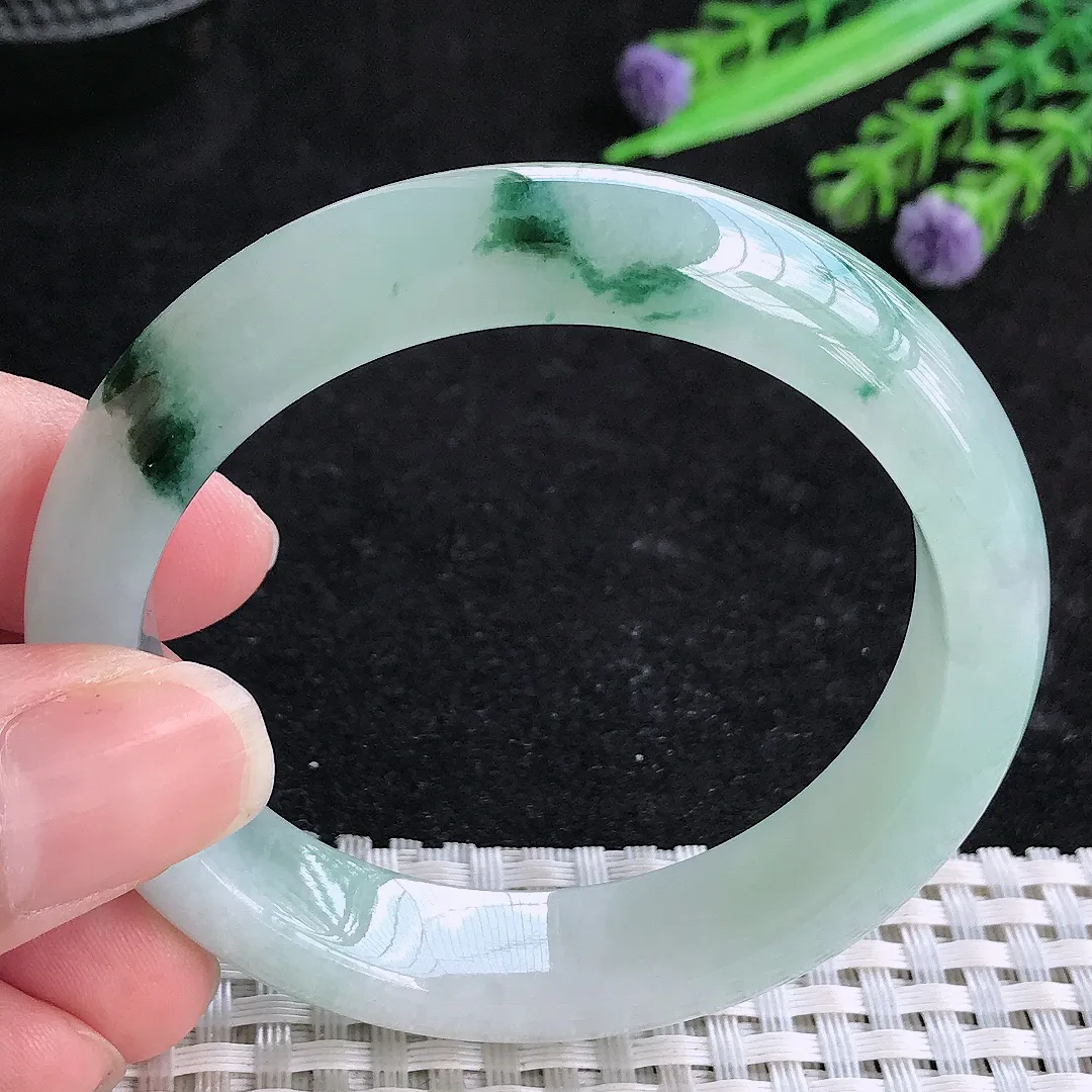 自然光51.5/12.1/8老坑冰胶水灵飘花小圈口手镯玉镯平安镯美人镯