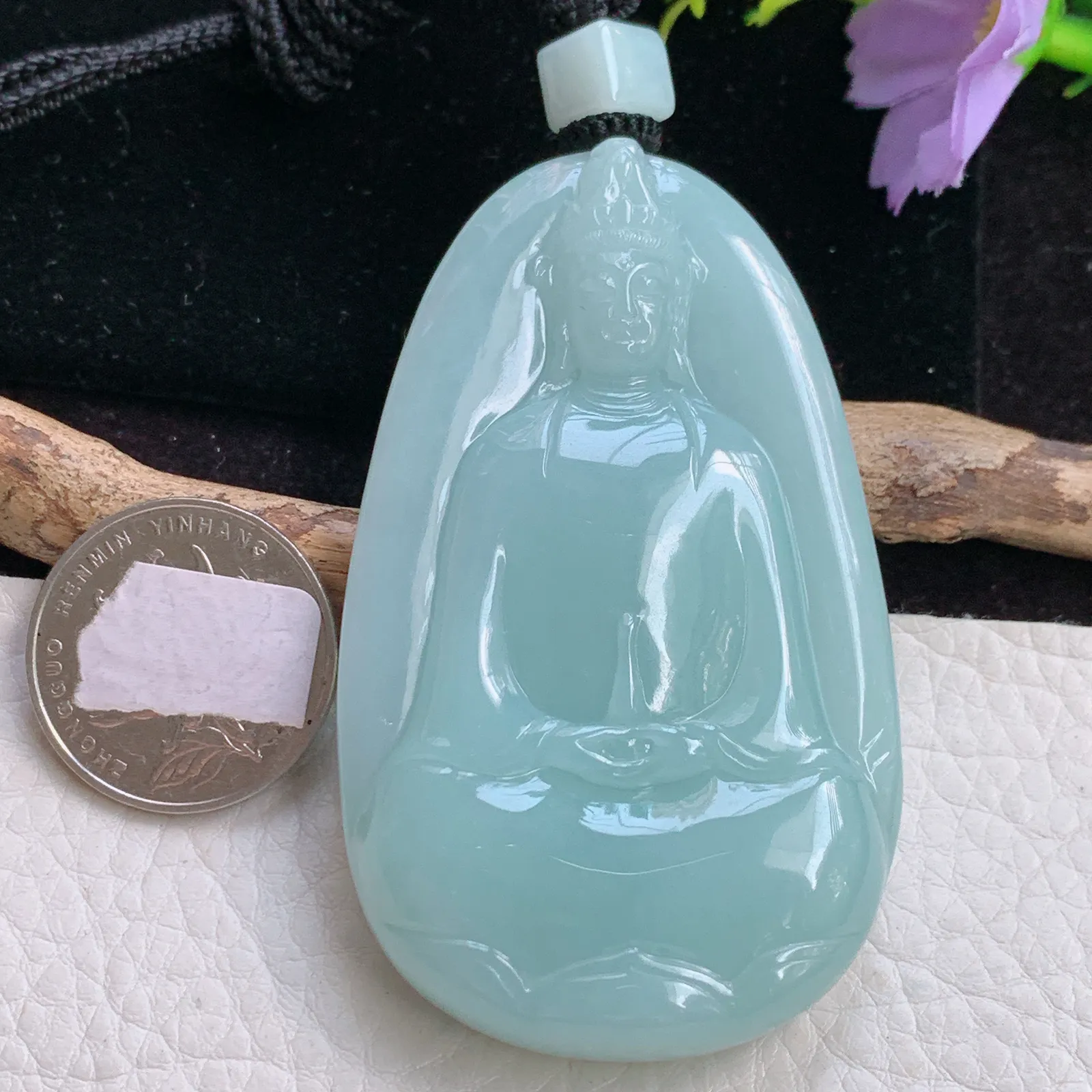 mut实拍70.7*42.8*12老坑精雕胶感冰晴翡翠素衣观音 玉观音玉吊坠 玉挂件