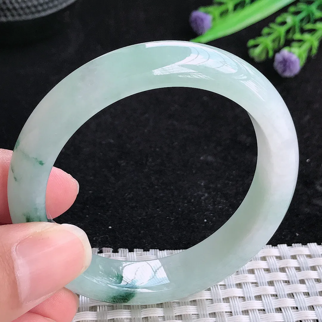 自然光51.5/12.1/8老坑冰胶水灵飘花小圈口手镯玉镯平安镯美人镯