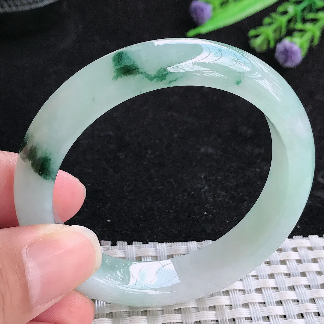 自然光51.5/12.1/8老坑冰胶水灵飘花小圈口手镯玉镯平安镯美人镯