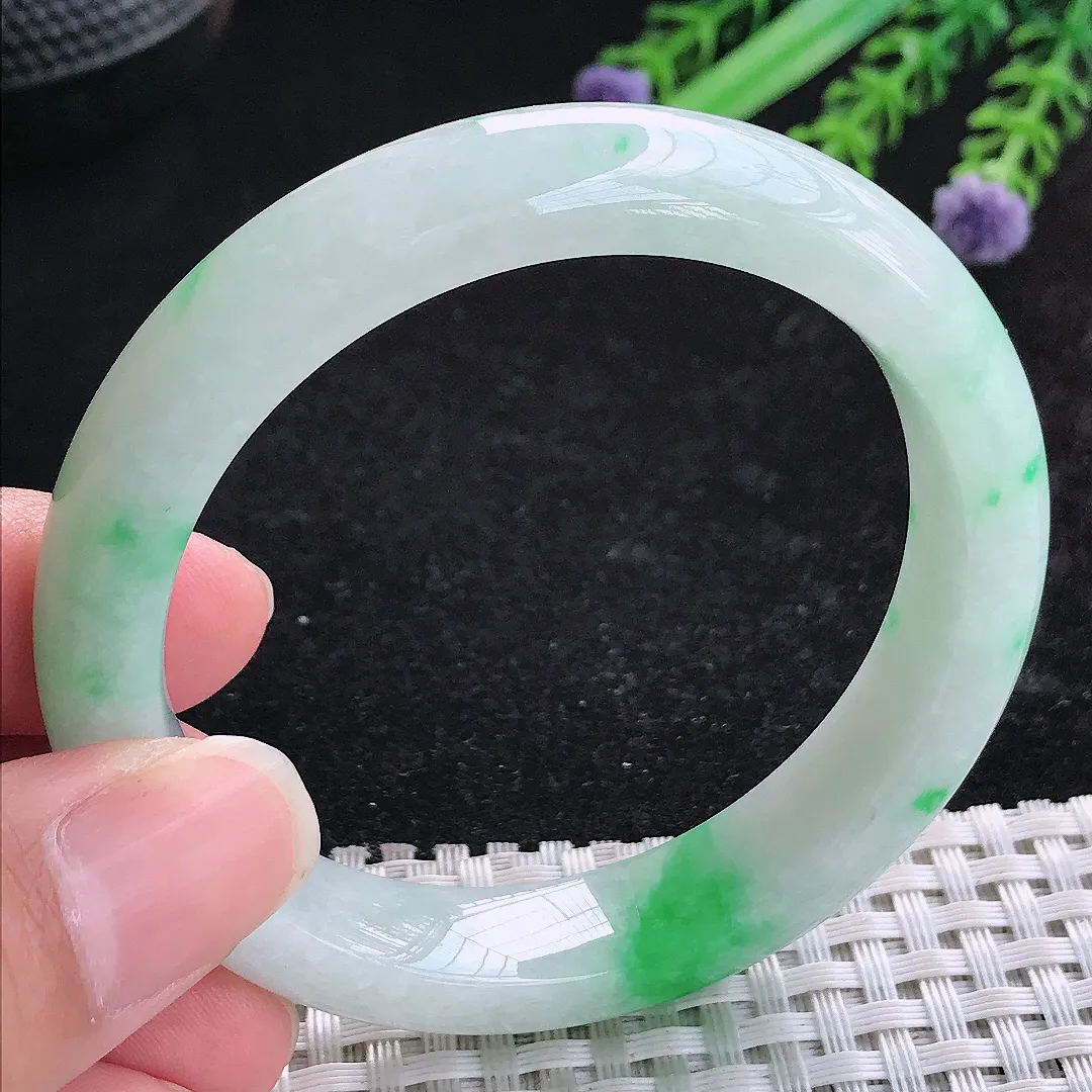 自然光53.5/11.6/8老坑精美冰润飘阳绿手镯玉镯平安镯美人镯