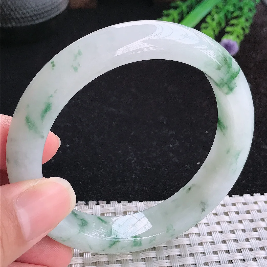 自然光60.5/13.5/9.3大圈口老坑冰润起胶飘花手镯玉镯平安镯美人镯