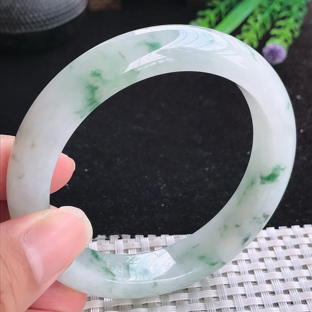 自然光60.5/13.5/9.3大圈口老坑冰润起胶飘花手镯玉镯平安镯美人镯