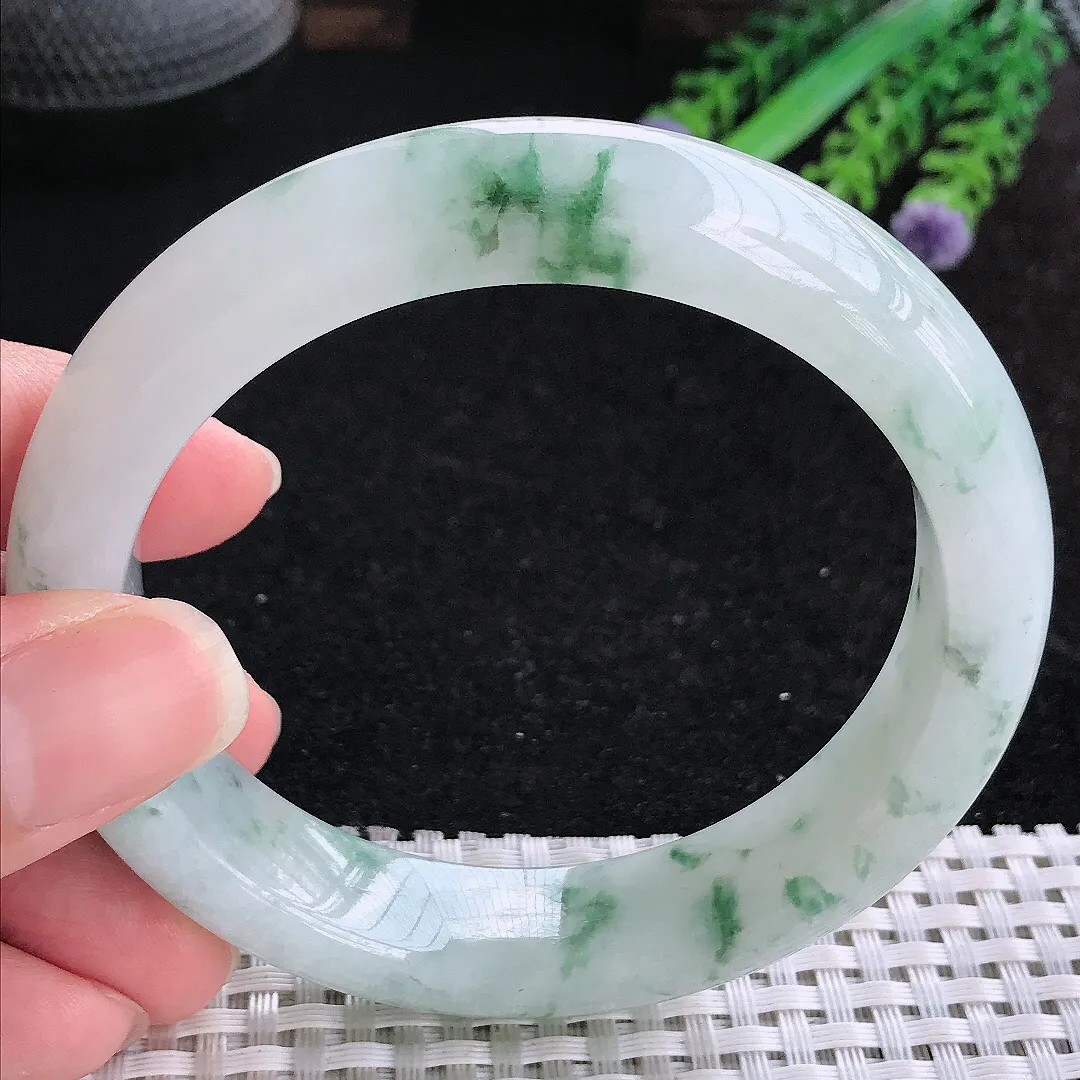 自然光60.5/13.5/9.3大圈口老坑冰润起胶飘花手镯玉镯平安镯美人镯