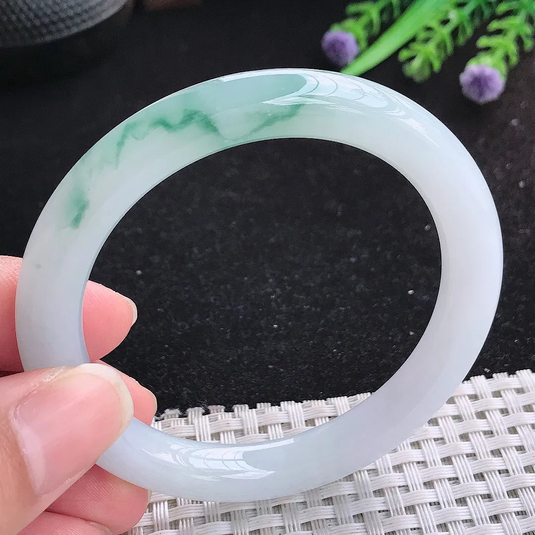 自然光54/8.9/9.1老坑冰胶果冻水灵飘花圆条手镯玉镯平安镯美人镯