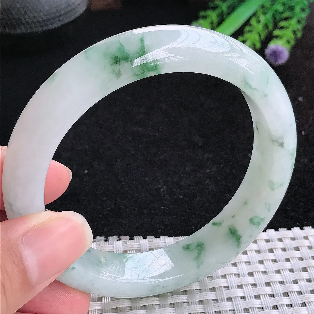 自然光60.5/13.5/9.3大圈口老坑冰润起胶飘花手镯玉镯平安镯美人镯