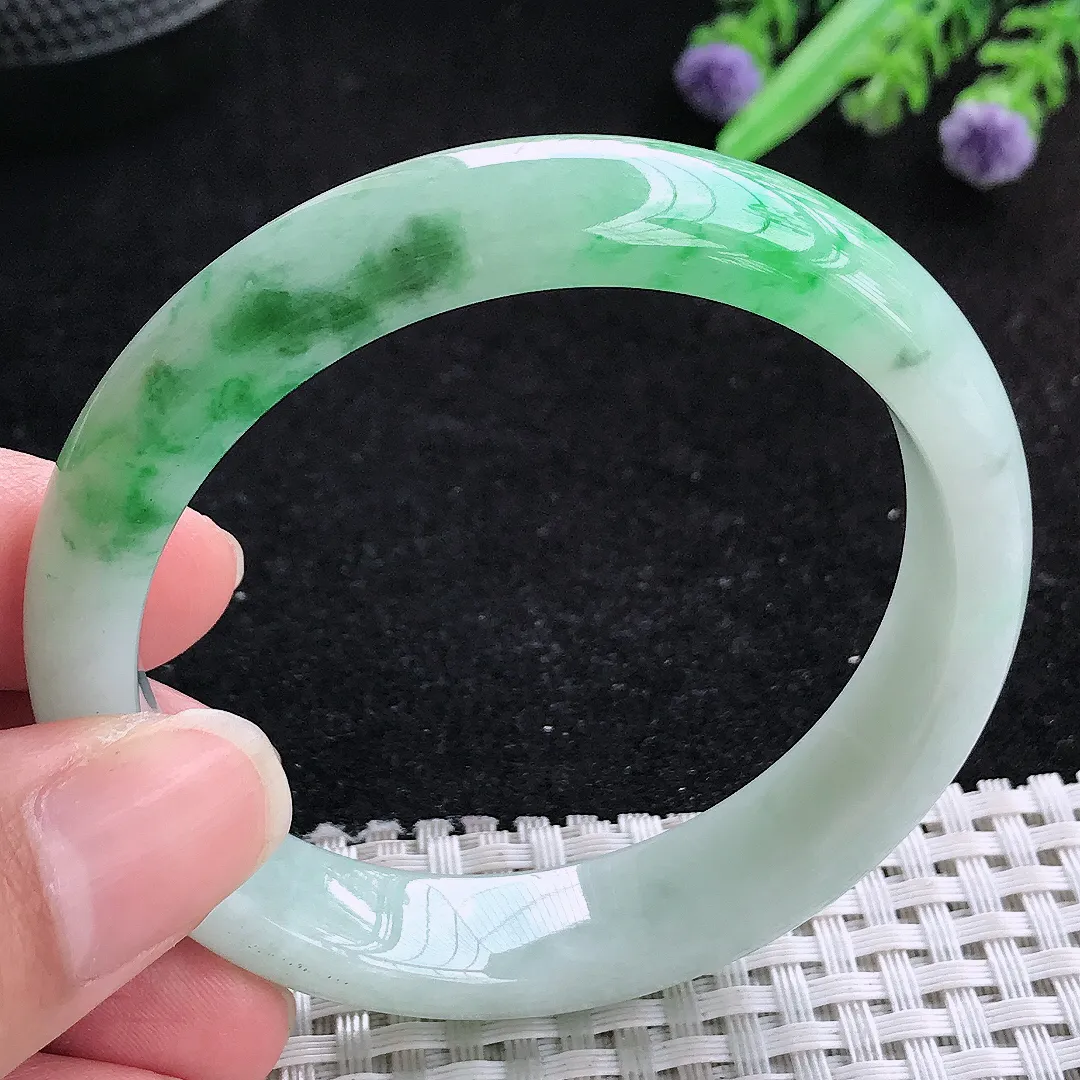 自然光54.5/12.4/7.3老坑精美冰润飘阳绿手镯玉镯平安镯美人镯