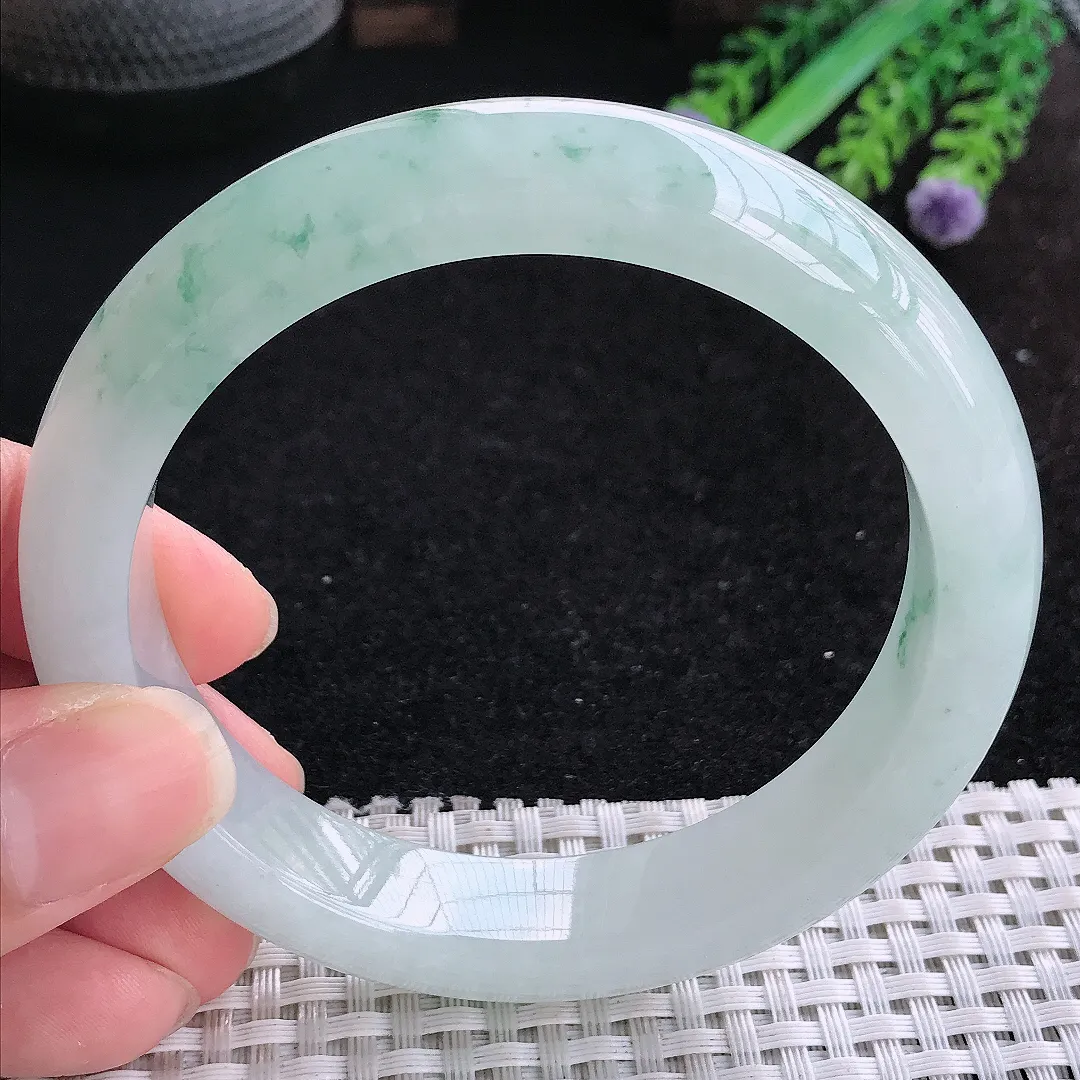 自然光61.5/13.2/9.4老坑冰胶水灵飘花手镯大圈口玉镯平安镯美人镯