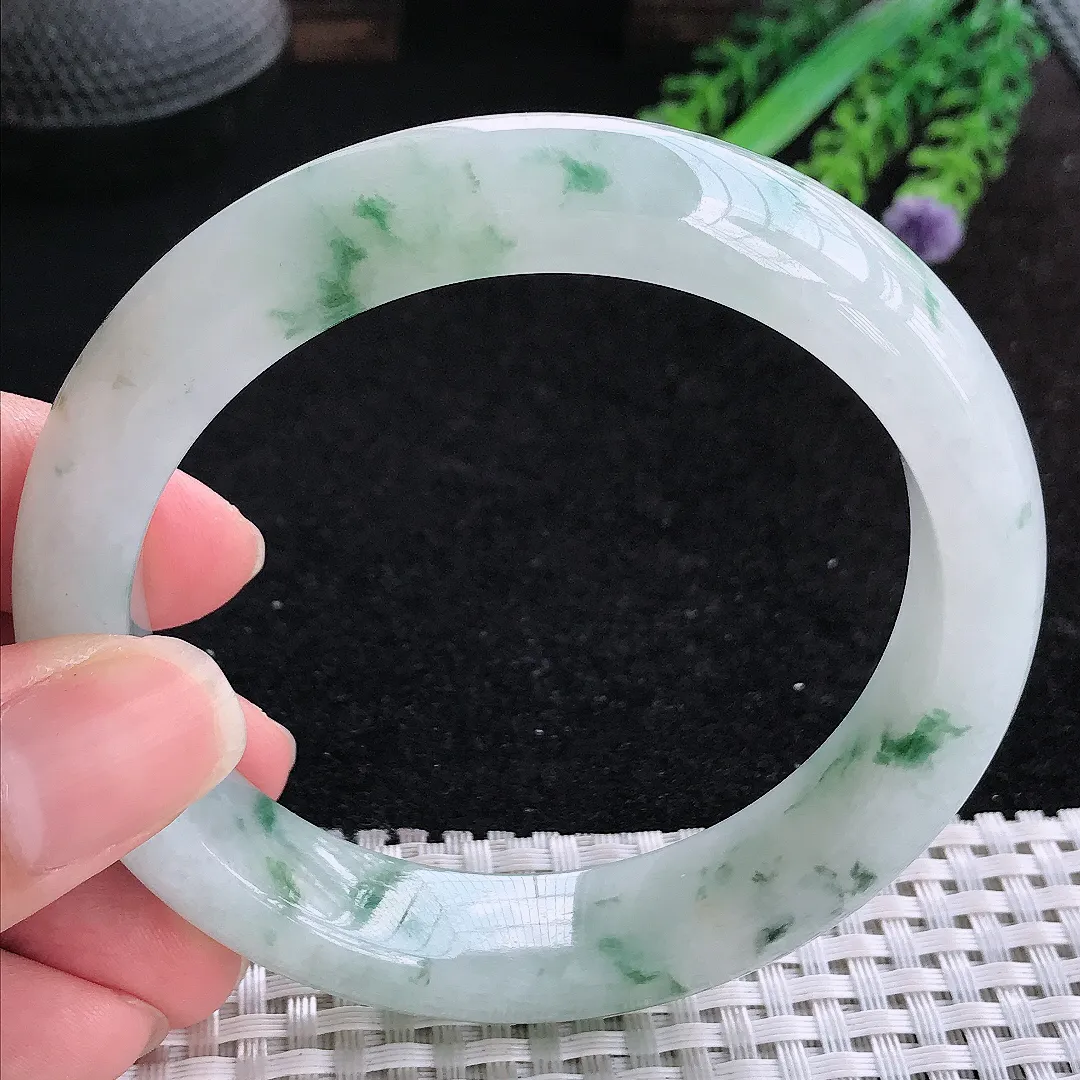 自然光60.5/13.5/9.3大圈口老坑冰润起胶飘花手镯玉镯平安镯美人镯