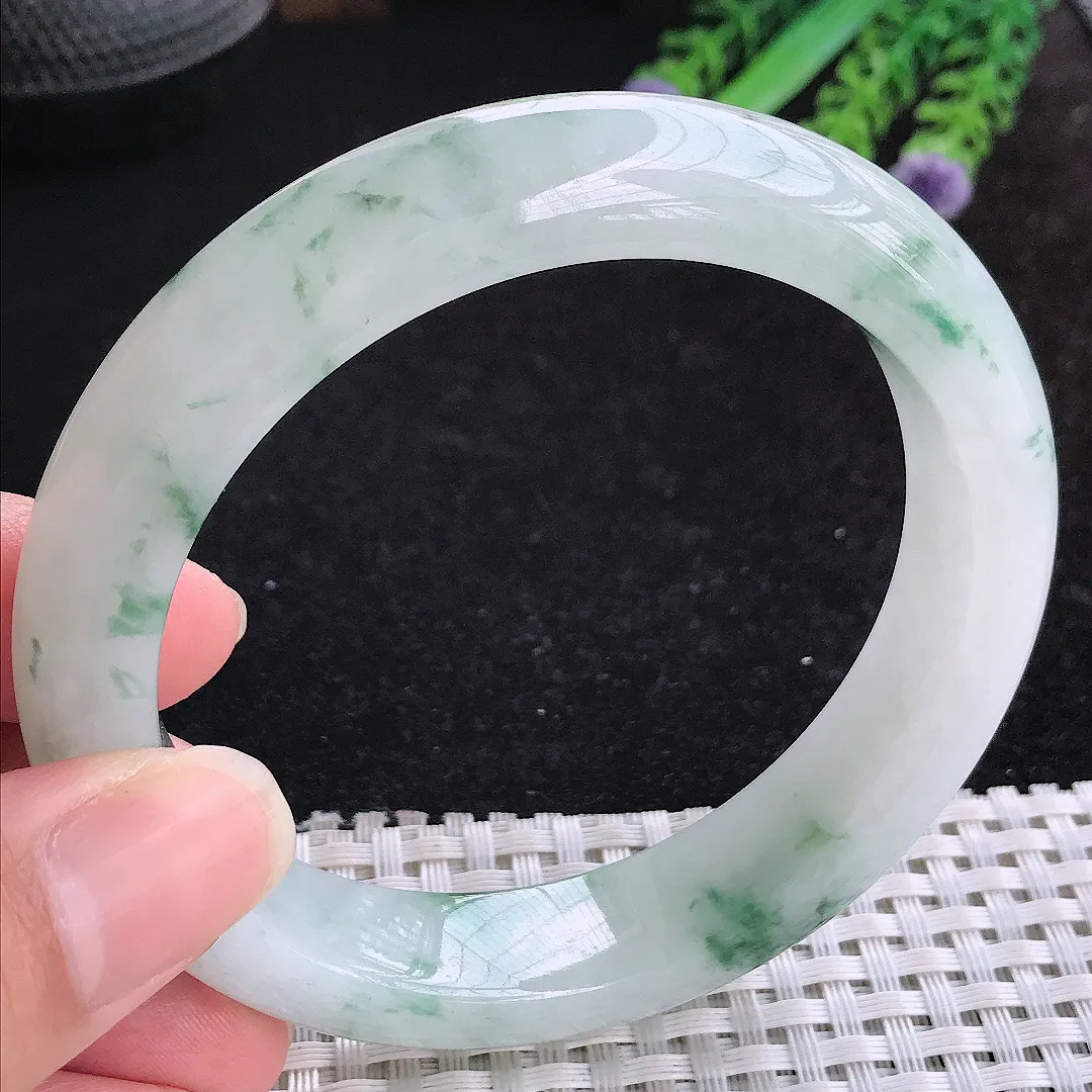 自然光60.5/13.5/9.3大圈口老坑冰润起胶飘花手镯玉镯平安镯美人镯