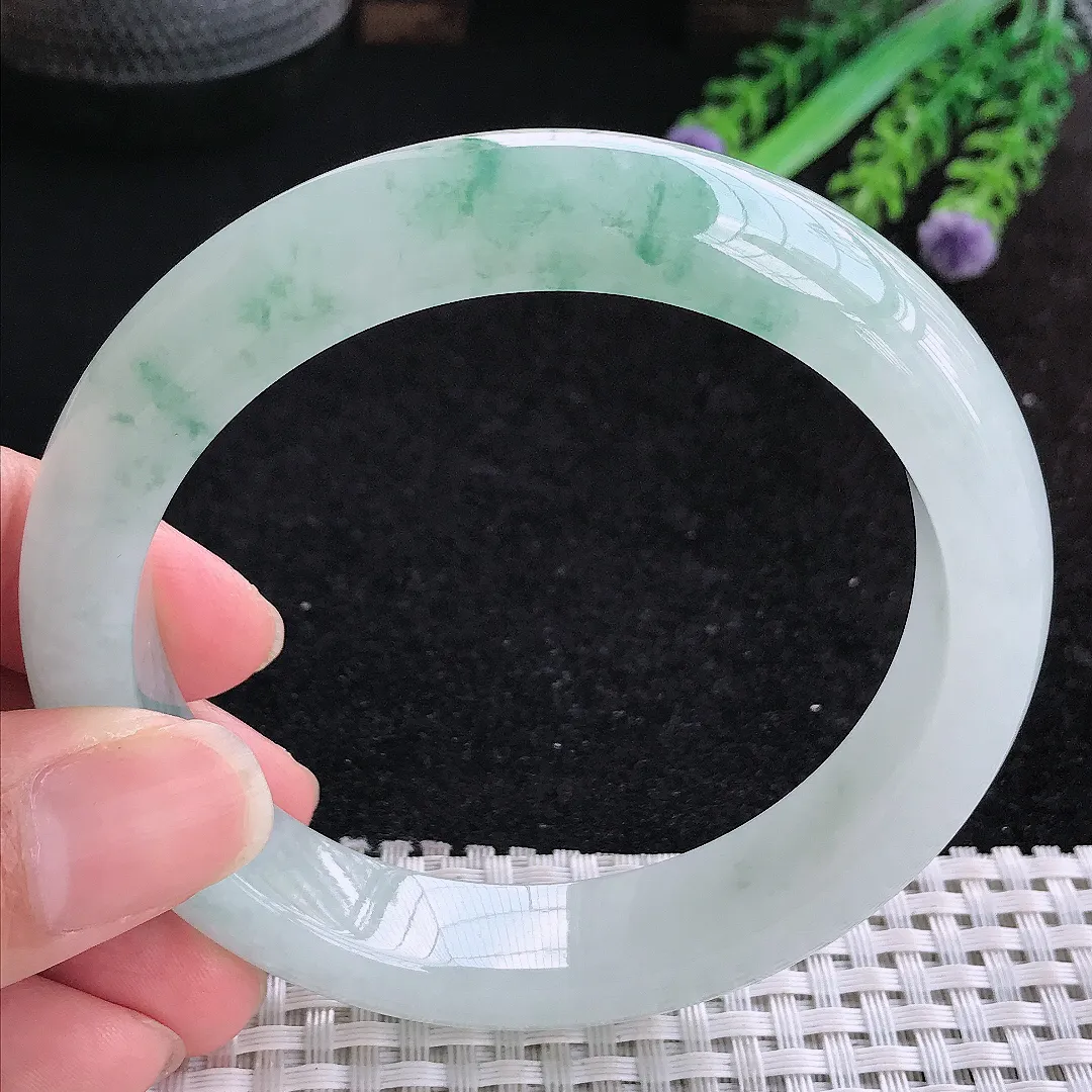 自然光61.5/13.2/9.4老坑冰胶水灵飘花手镯大圈口玉镯平安镯美人镯
