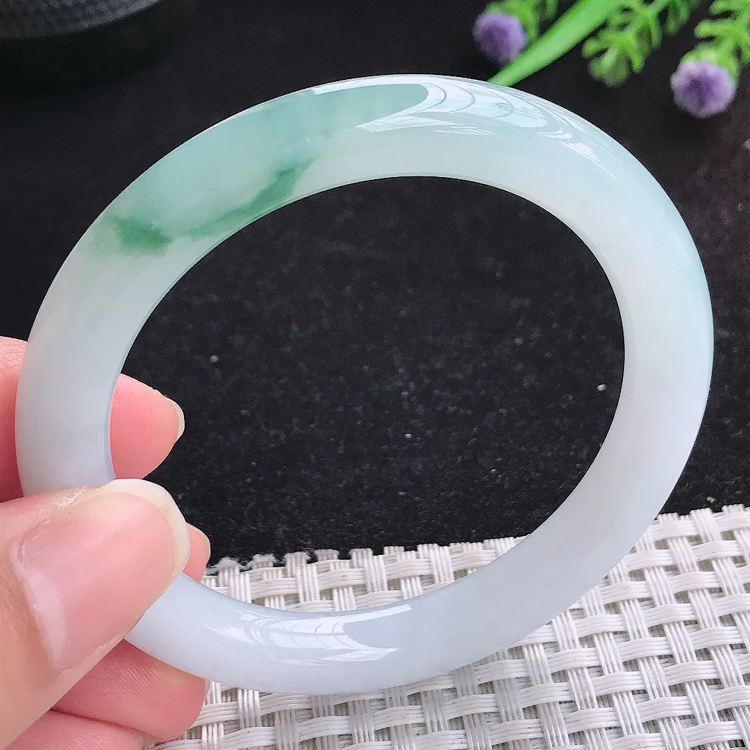 自然光54/8.9/9.1老坑冰胶果冻水灵飘花圆条手镯玉镯平安镯美人镯