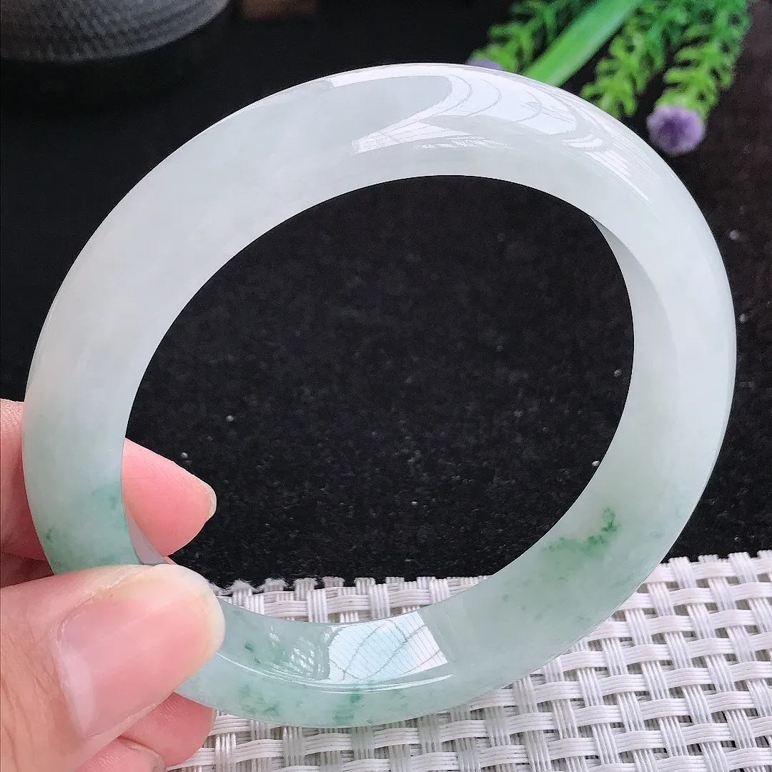 自然光61.5/13.2/9.4老坑冰胶水灵飘花手镯大圈口玉镯平安镯美人镯