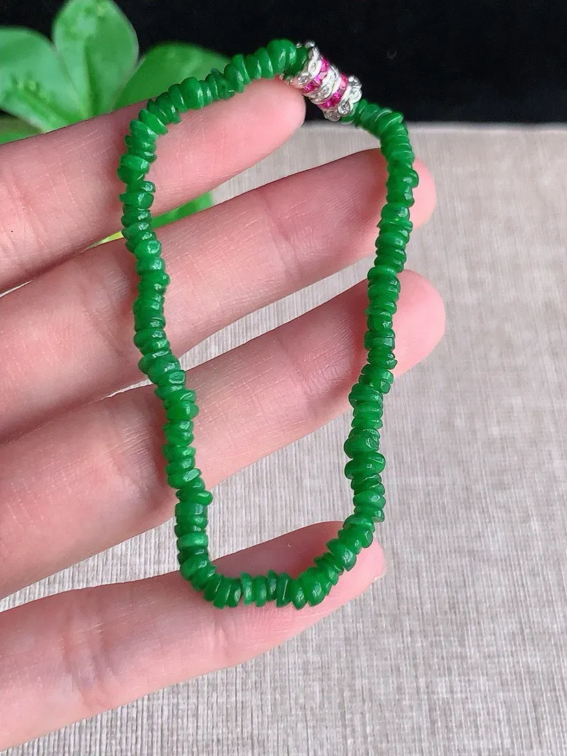 a货翡翠老坑冰种满绿阳绿算盘珠手串 尺寸3×2.3mm 重量5.84g 0716