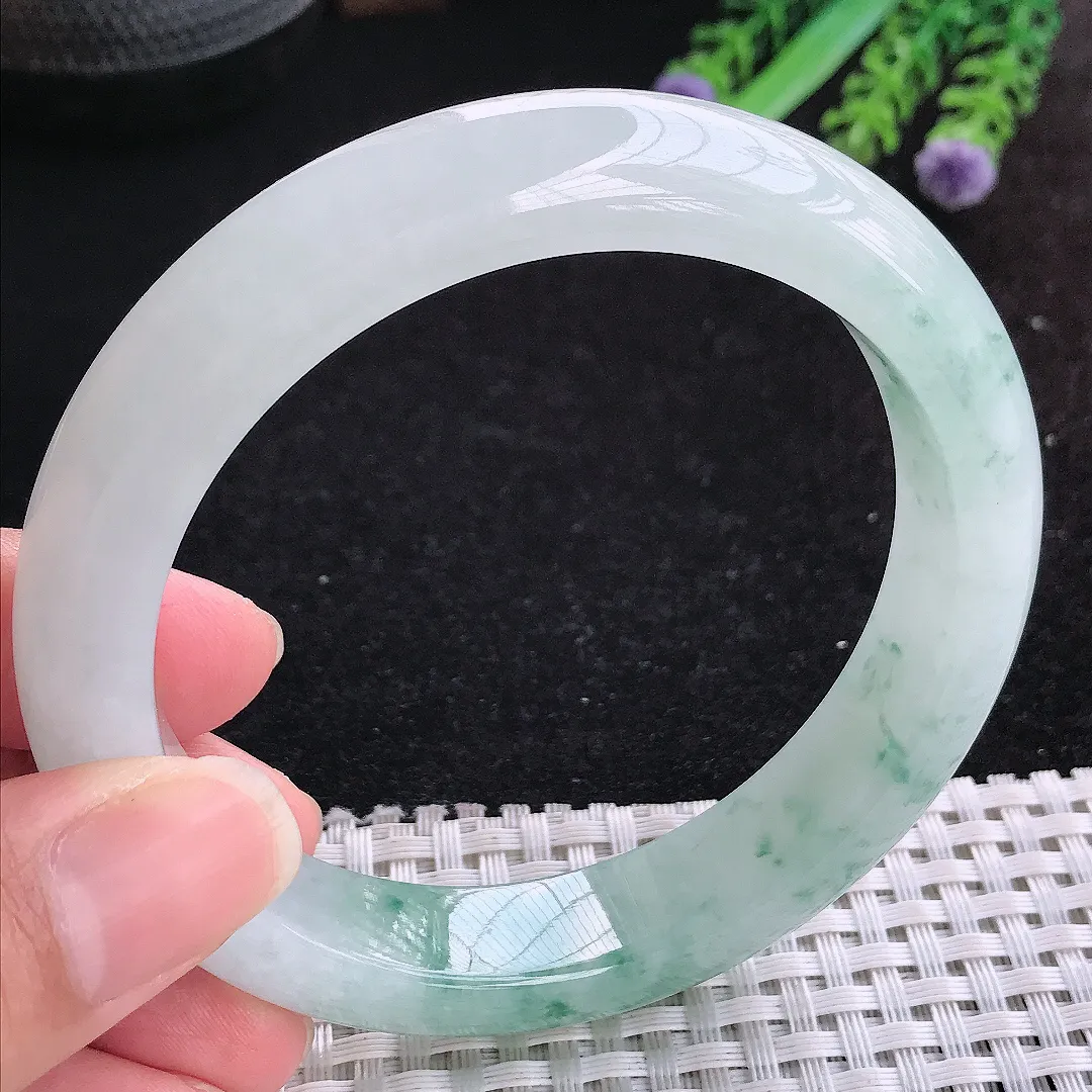 自然光61.5/13.2/9.4老坑冰胶水灵飘花手镯大圈口玉镯平安镯美人镯
