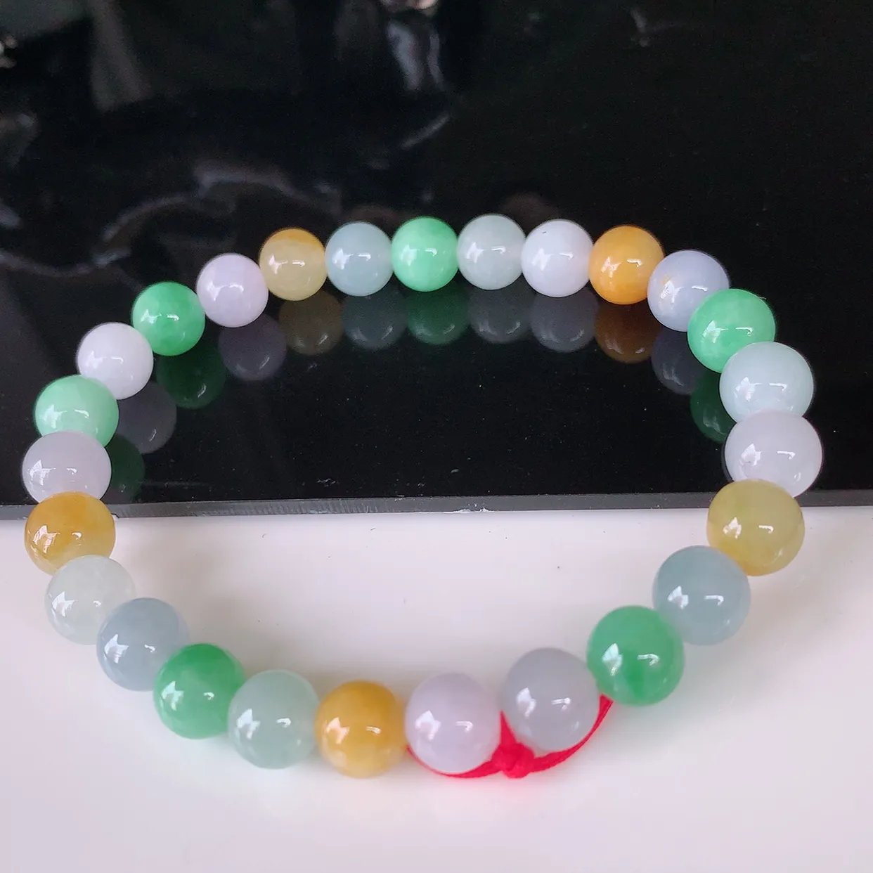 自然光实拍，冰润多彩翡翠圆珠手链手串，水润秀气，料子细腻，清爽，高档大气，自戴送礼佳品！#46.16取一尺寸7.5mm