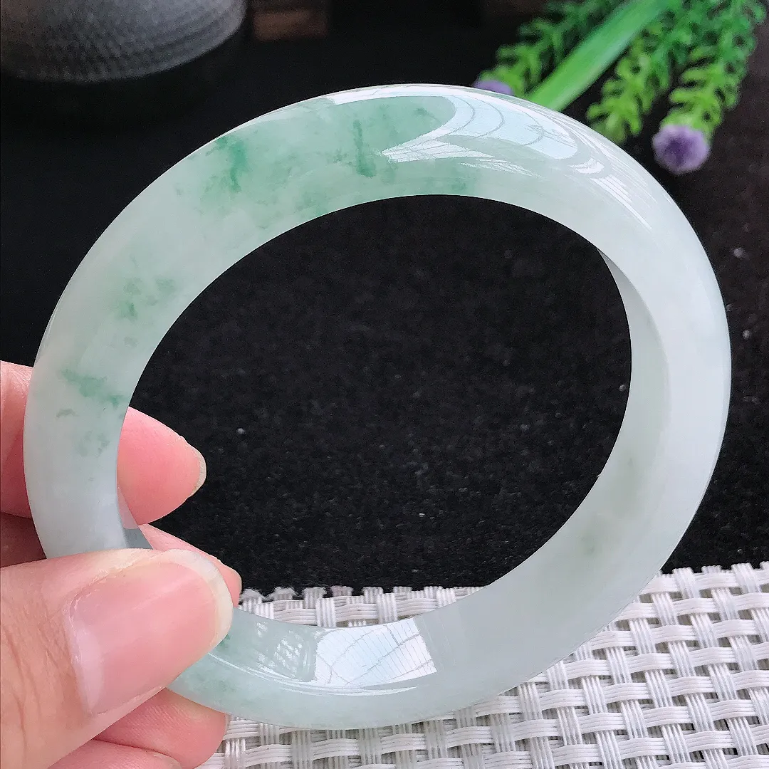 自然光61.5/13.2/9.4老坑冰胶水灵飘花手镯大圈口玉镯平安镯美人镯