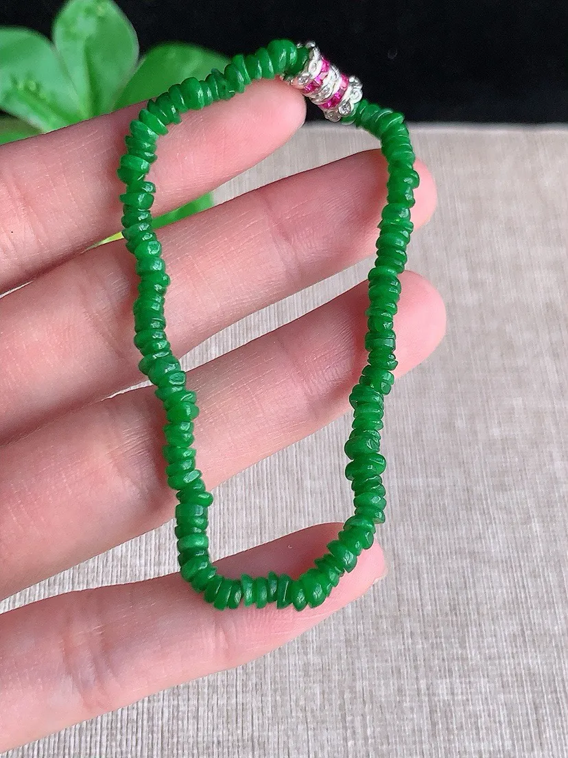 a货翡翠老坑冰种满绿阳绿算盘珠手串 尺寸3×2.3mm 重量5.84g 0716