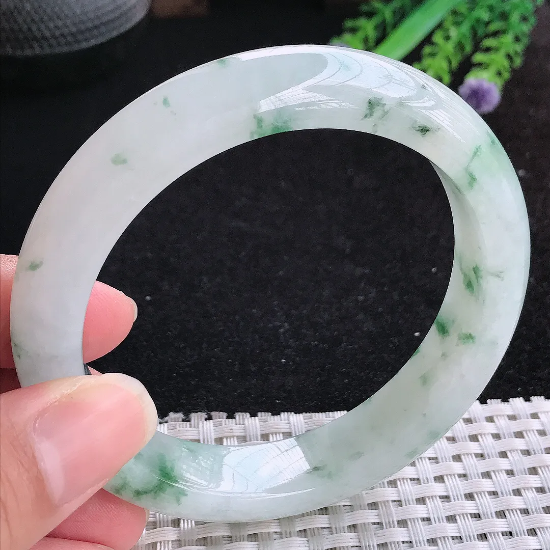 自然光60.5/13.5/9.3大圈口老坑冰润起胶飘花手镯玉镯平安镯美人镯