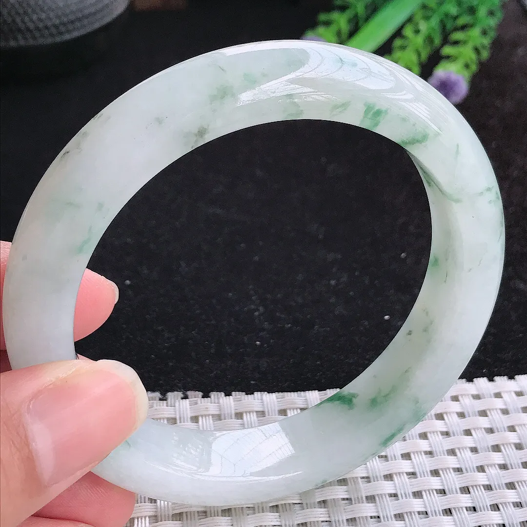 自然光60.5/13.5/9.3大圈口老坑冰润起胶飘花手镯玉镯平安镯美人镯