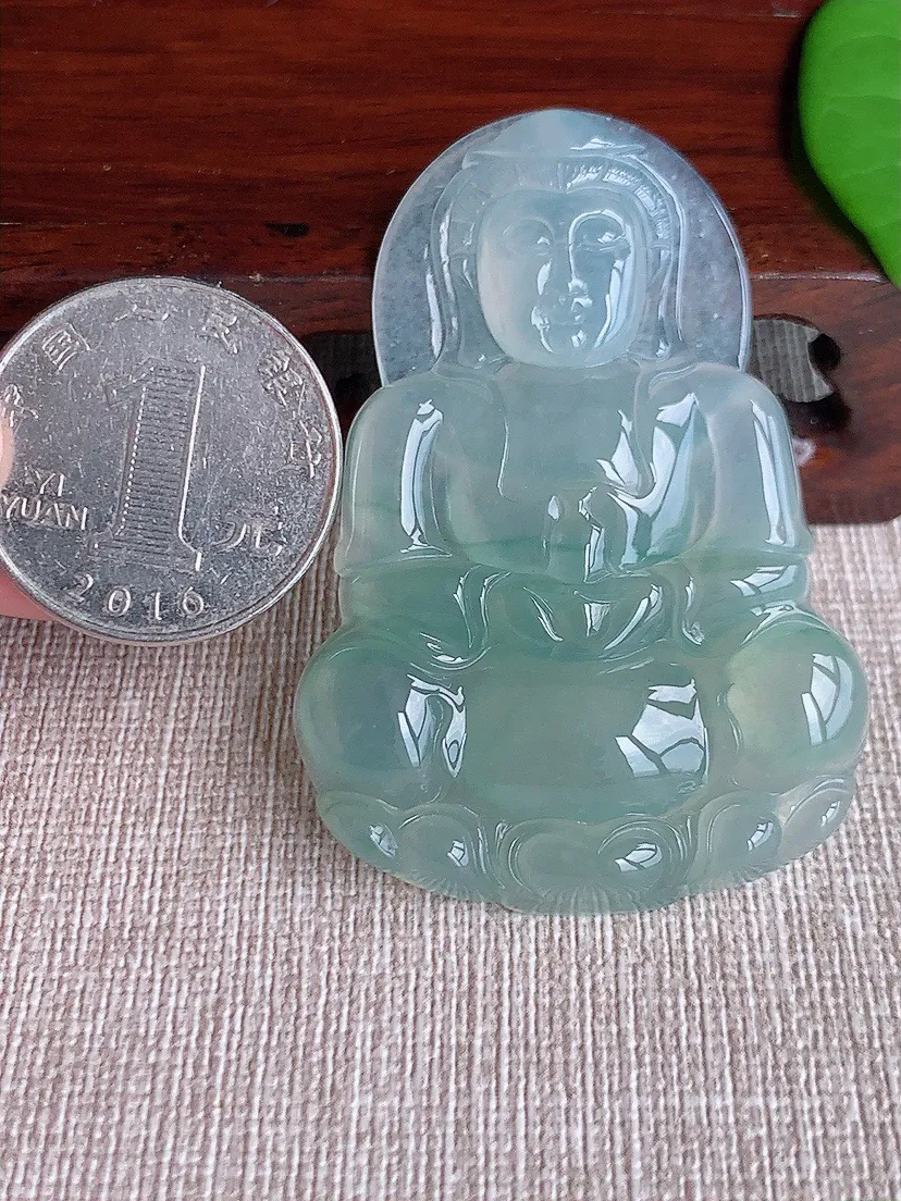 a货翡翠老坑冰种晴水正装观音吊坠 尺寸55.2×38×5.7mm 重量19.60g 0716