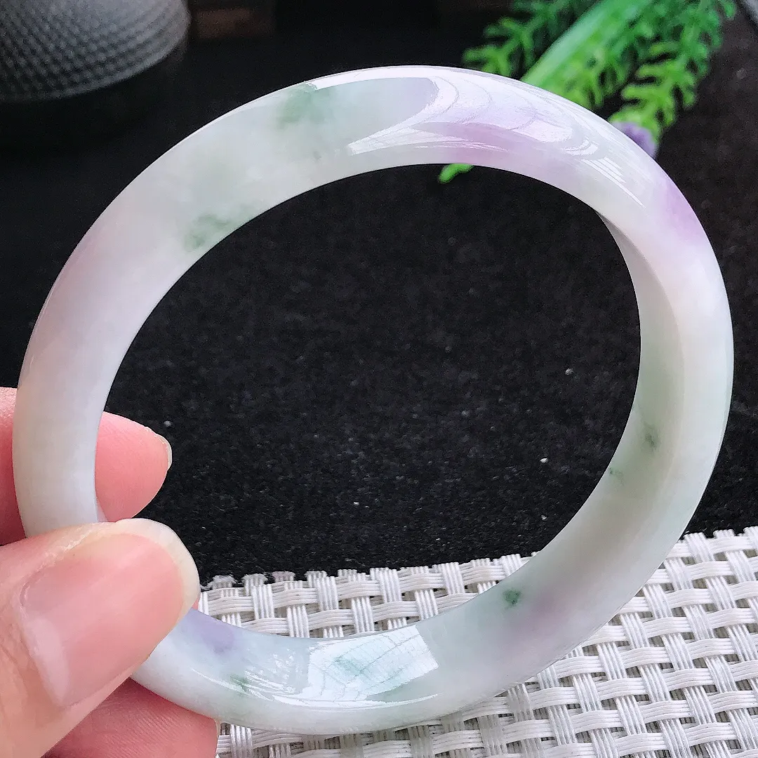 自然光63-12.8/7.8大圈口老坑冰润飘花紫罗兰手镯玉镯平安镯大圈口