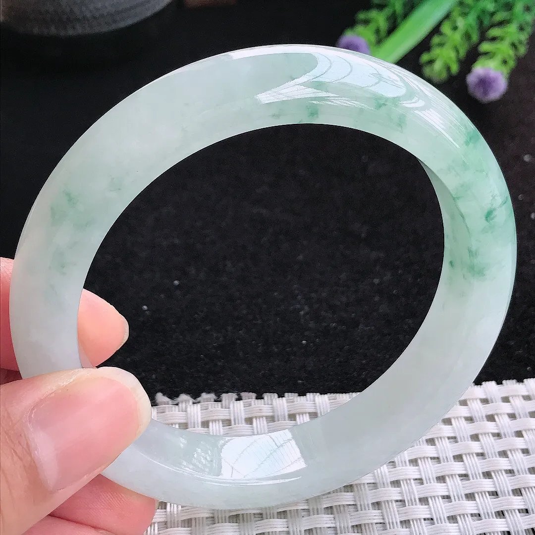 自然光61.5/13.2/9.4老坑冰胶水灵飘花手镯大圈口玉镯平安镯美人镯