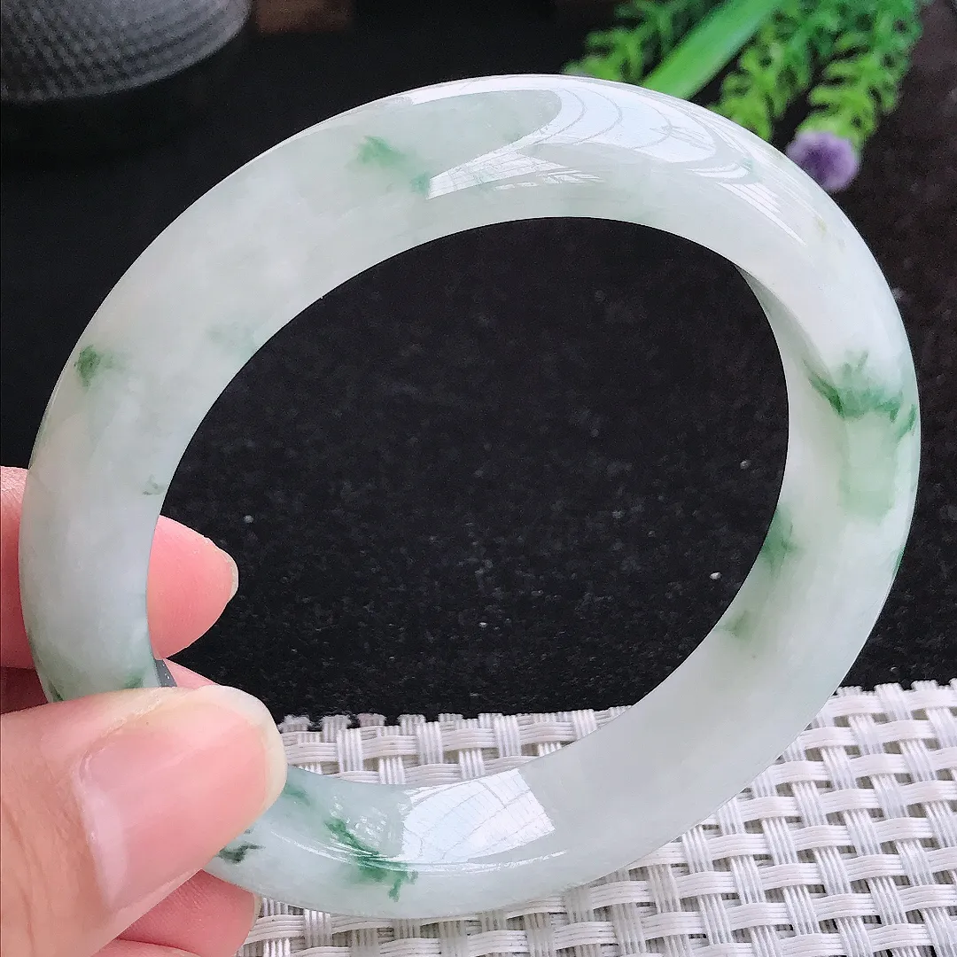 自然光60.5/13.5/9.3大圈口老坑冰润起胶飘花手镯玉镯平安镯美人镯