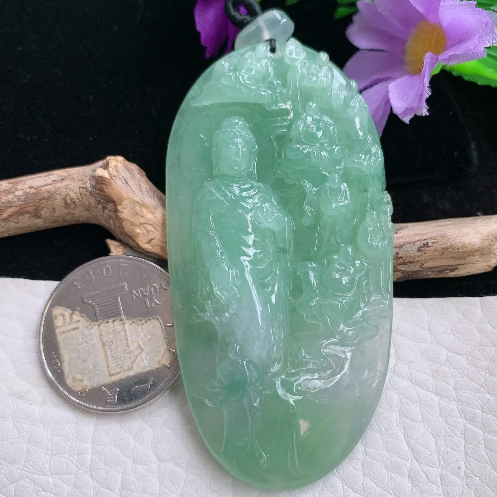 lz实拍71*35*10老坑精雕缅甸翡翠山水佛祖 普度众生玉吊坠 玉挂件